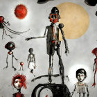 Abstract artwork with humanoid figures, wire scribbles, red spheres, and a large yellow moon-like