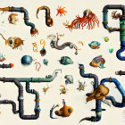 Colorful Marine Life Illustration Featuring Octopuses, Squids, and Shells