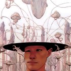 Surreal image of person's face with wide-brimmed hat and fantastical backdrop