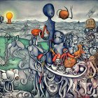 Detailed Surreal Painting: Vibrant Colors, Abstract Creatures, Marine Scenery, Celestial Orbs