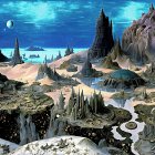 Fantastical landscape with towering trees and moonlit waters