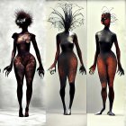 Seven Dark-Skinned Humanoid Figures with Spiky Hair in Various Poses