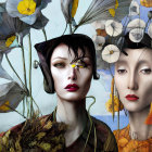 Twin female figures in digital art surrounded by blue and yellow flowers