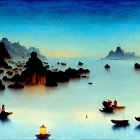 Tranquil seascape with traditional boats, karst mountains, lanterns, and twilight ambiance