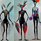 Surreal figures with antler-like headpieces and orange flower-adorned bodies on light blue