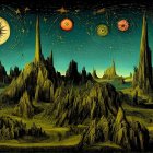 Surreal Landscape with Tentacle-like Hills and Celestial Bodies