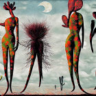 Surreal anthropomorphic cactus figures in desert landscape