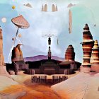 Fantastical desert cityscape with towering minarets and ancient sandy buildings