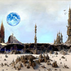 Futuristic cityscape on snowy planet with towering structures and large blue planet in sky