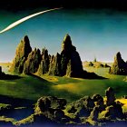 Surreal extraterrestrial landscape with spire-like formations, green terrain, and multiple moons in