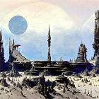 Alien landscape with tall spires on snowy terrain and three moons.