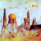 Abstract landscape with geometric shapes, towers, spheres, orange and yellow color palette