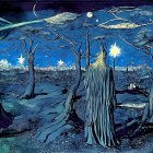 Panoramic fantasy artwork: cloaked figures, starry night skies, celestial moons, and yellow