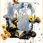 Steampunk-themed woman with yellow flowers and birds in artwork