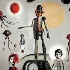 Abstract surreal artwork with humanoid figures, floating orbs, and cream moon on gray backdrop