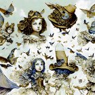 Victorian-style doll-like figures with angelic wings and birds in cloudy sky.