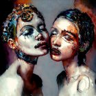 Vivid oil painting of two stylized figures in close pose