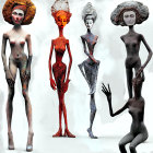 Stylized female statues with exaggerated forms and abstract patterns