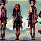 Stylized digital dolls in mountain landscape with fringed clothing and feathers, two realistic flying birds