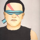 Person with Red and Yellow Face Paint and Cracked Forehead Symbol on Neutral Background