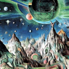 Surreal Cosmic Landscape with Mountain Peaks and Celestial Bodies