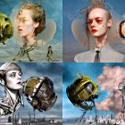 Surrealist portraits: Female faces fused with mechanical elements in desolate landscapes