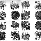 Detailed Black and White Mechanical Engine Parts Collage