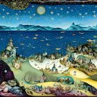 Whimsical star-filled night sky over fantastical sea with mythical creatures and castle cliff