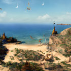 Panoramic fantasy landscape with ornate buildings, beach, ocean, ships, flying creatures, and