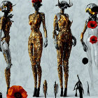 Five humanoid figures with golden mechanical designs, one with red accents