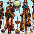 Stylized illustrated women in bohemian fashion standing in water