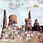 Geometric landscape with city skyline, shapes, lines, circles, suns, and moons