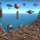 Surreal landscape: rocky formations, floating islands, alien-like vessels above ocean