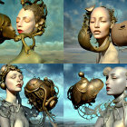 Ornate robotic figures with intricate headpieces in eight portraits against blue backdrop