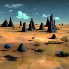 Surreal desert landscape with towering rock formations and stylized trees