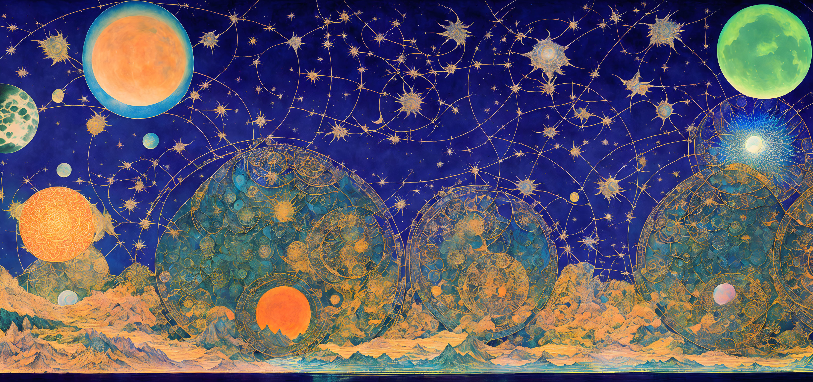 Celestial artwork with moons, stars, and cosmic circles on blue background