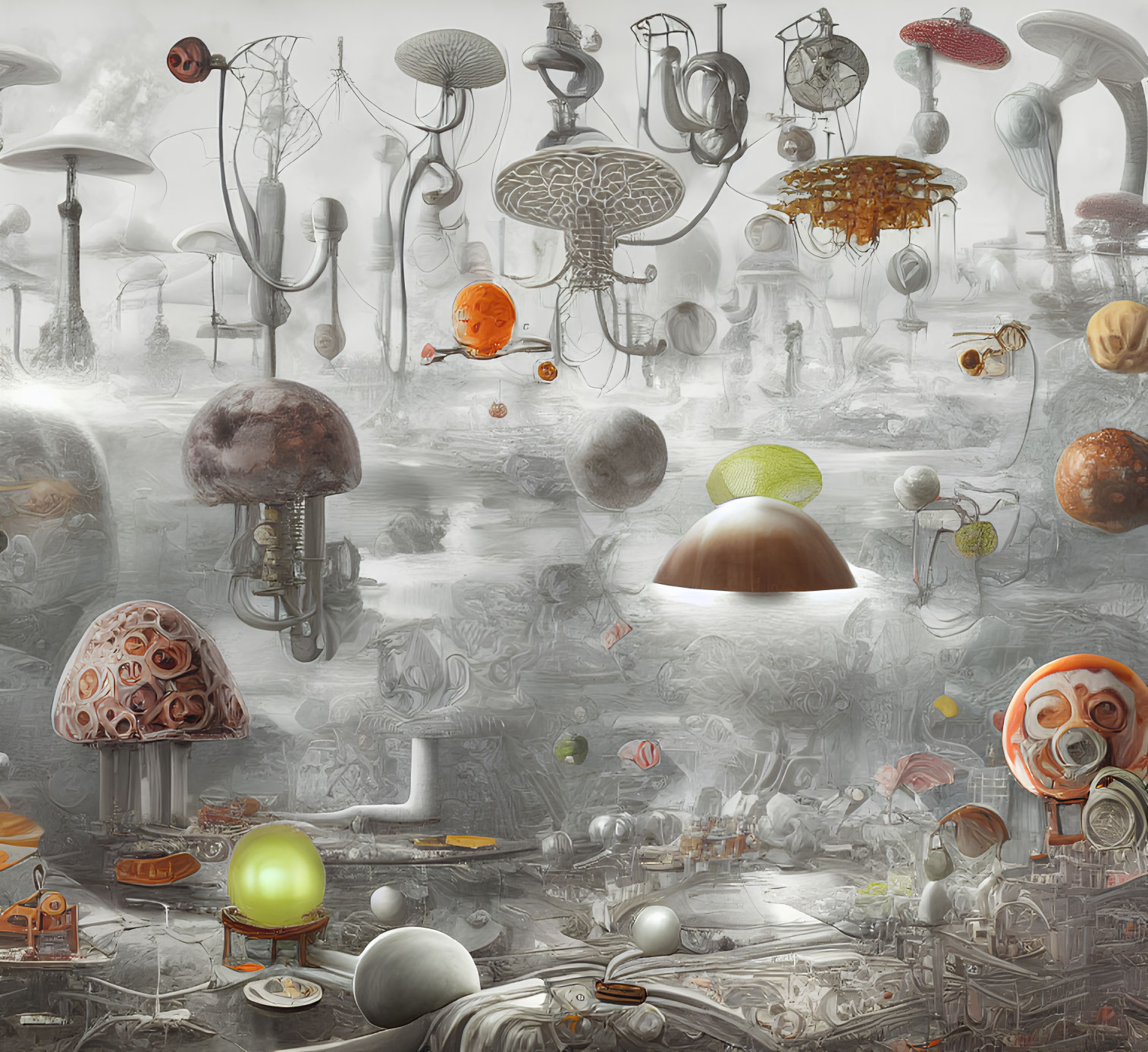 Surreal landscape with mushroom-like structures and floating spheres