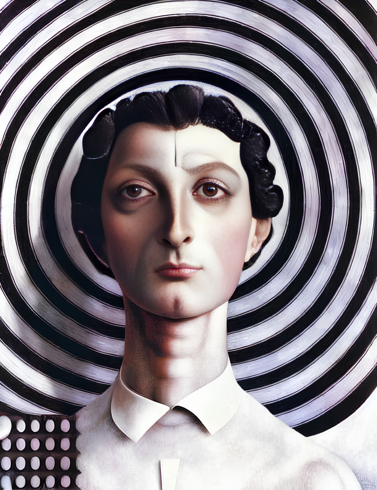 Surreal portrait of woman's face with concentric circles and abstract patterns