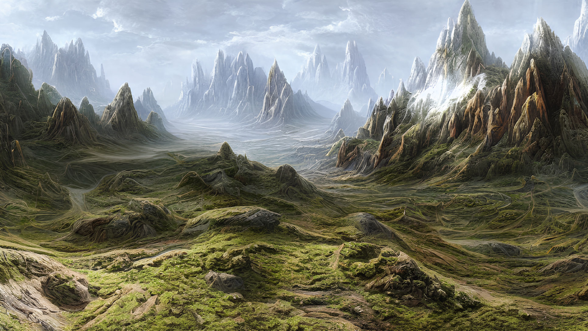 Fantastical valley landscape with moss, spires, and winding paths