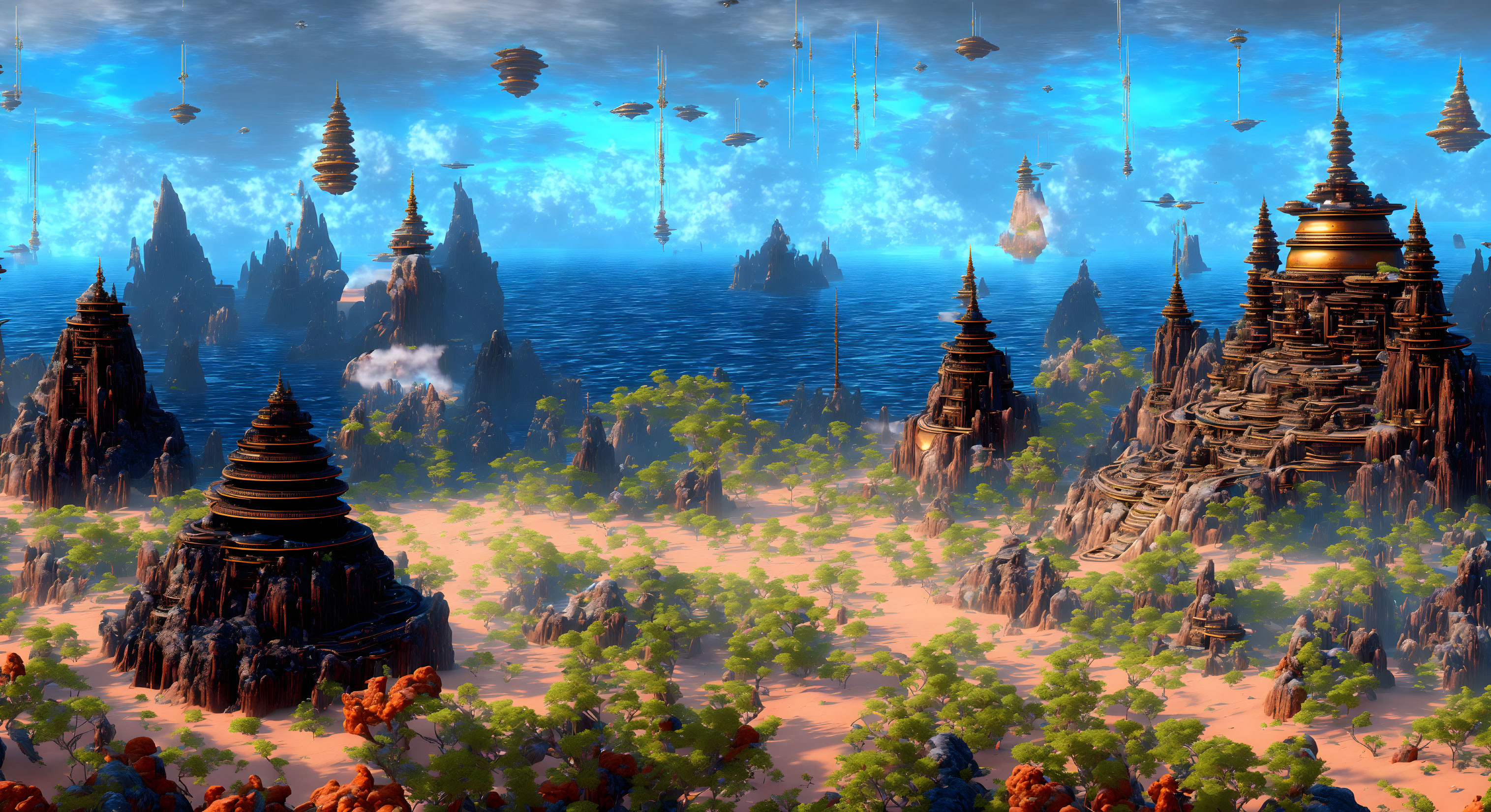 Fantastical landscape with floating islands and towering pagodas