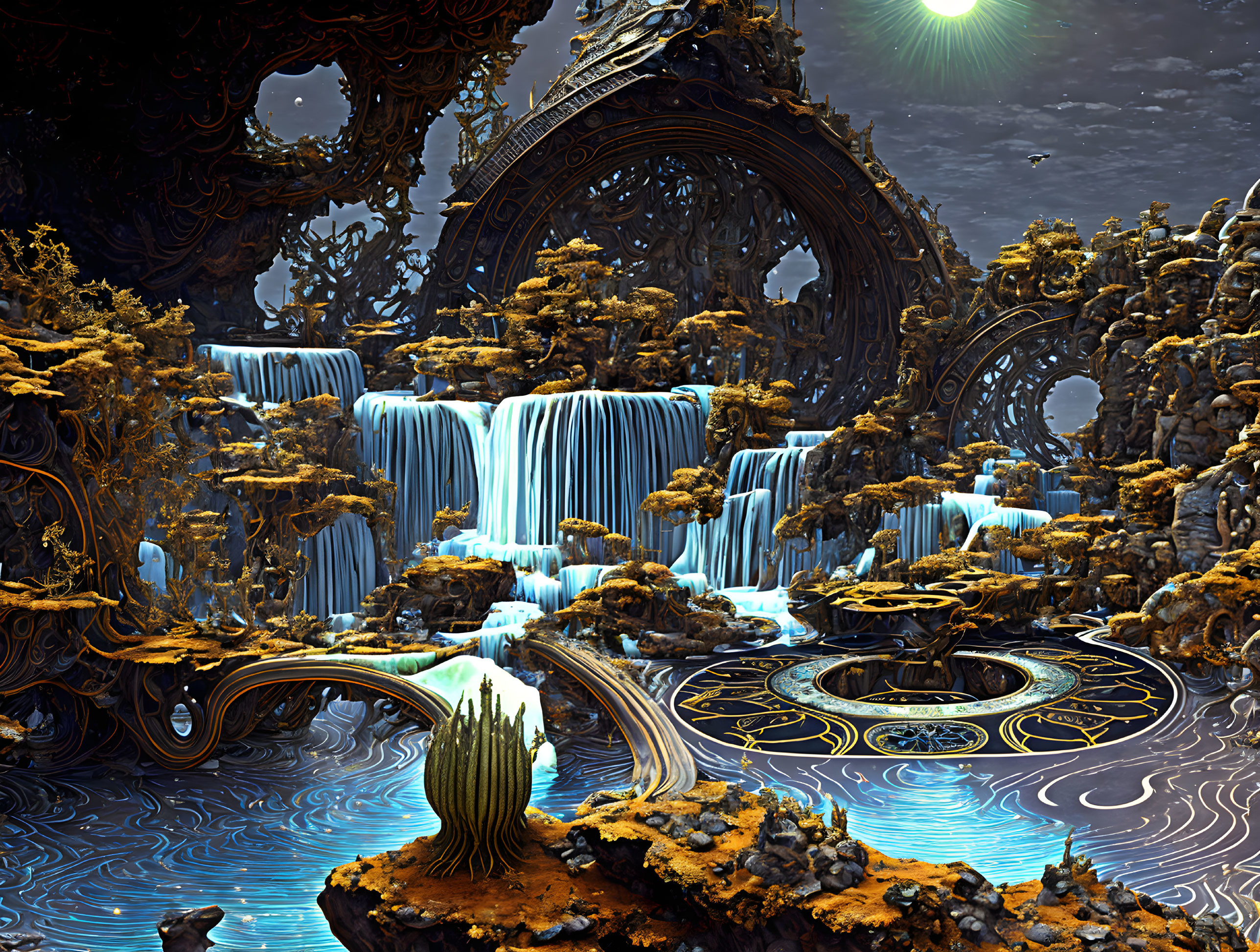 Surreal landscape with blue waterfalls, ornate arches, luminous foliage