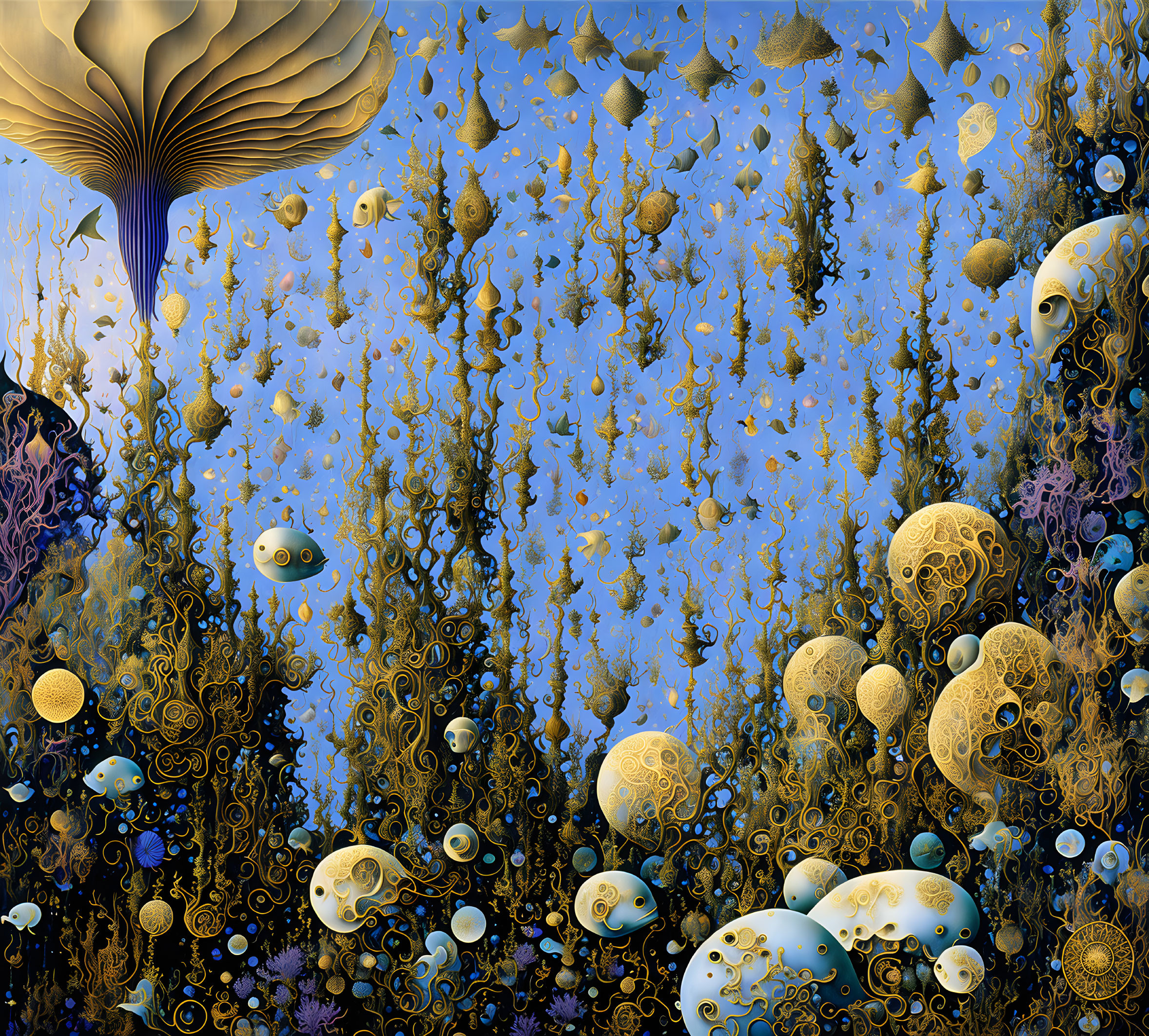 Underwater-inspired surreal scene with fish-like entities, coral, and bubbles