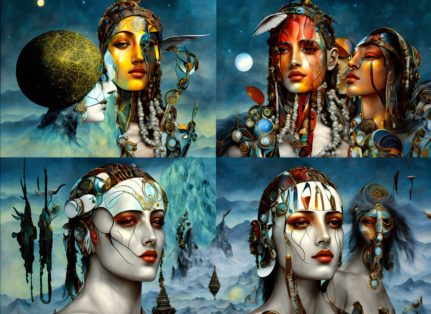 Detailed female faces with elaborate headpieces in celestial landscapes.