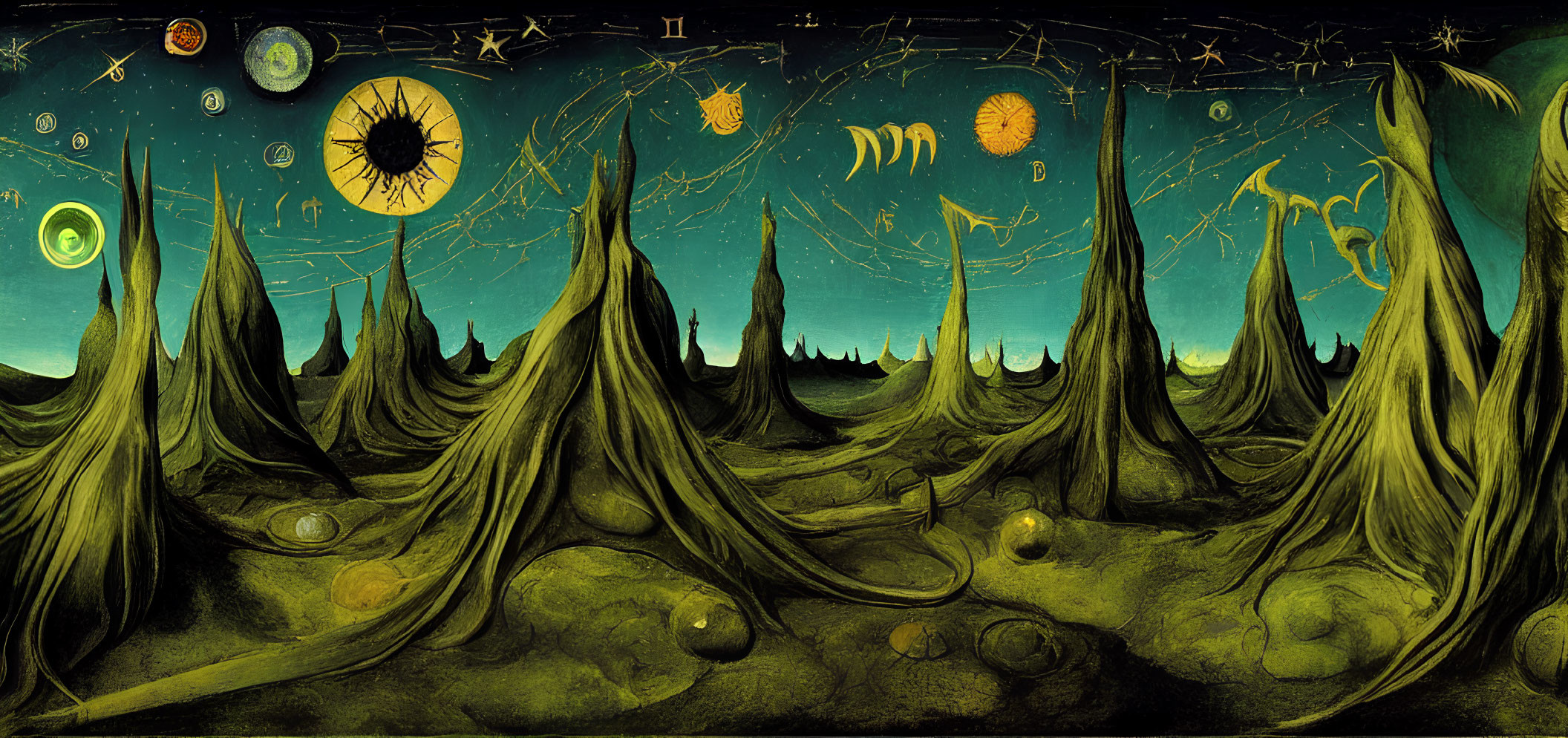 Surreal Landscape with Tentacle-like Hills and Celestial Bodies