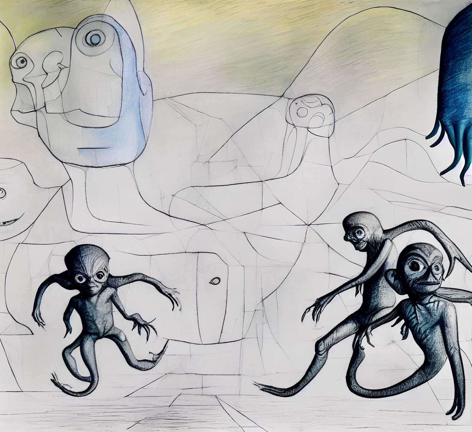 Eerie humanoid octopus creatures and multi-eyed face in abstract drawing