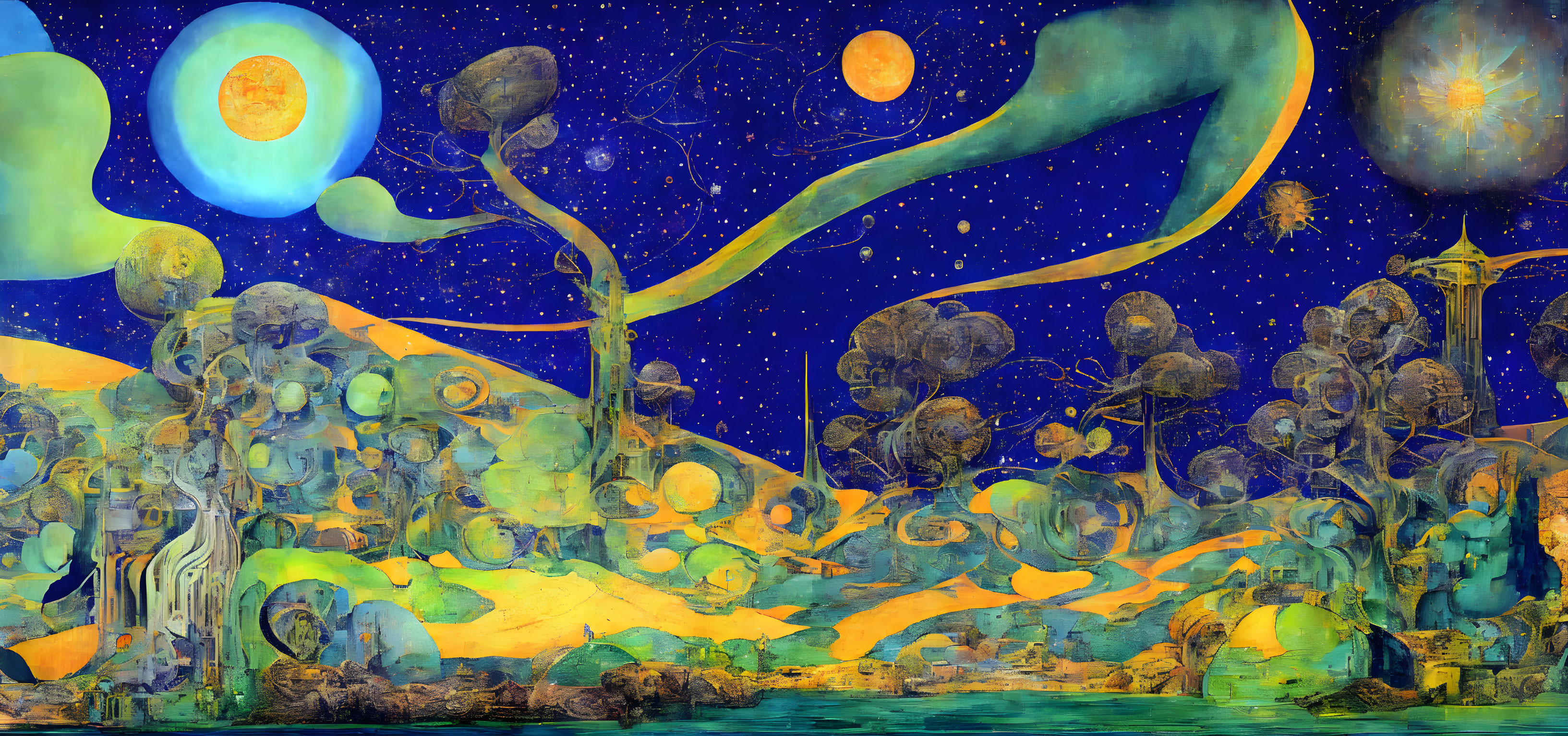 Colorful surreal landscape with abstract trees and celestial bodies in vivid space.