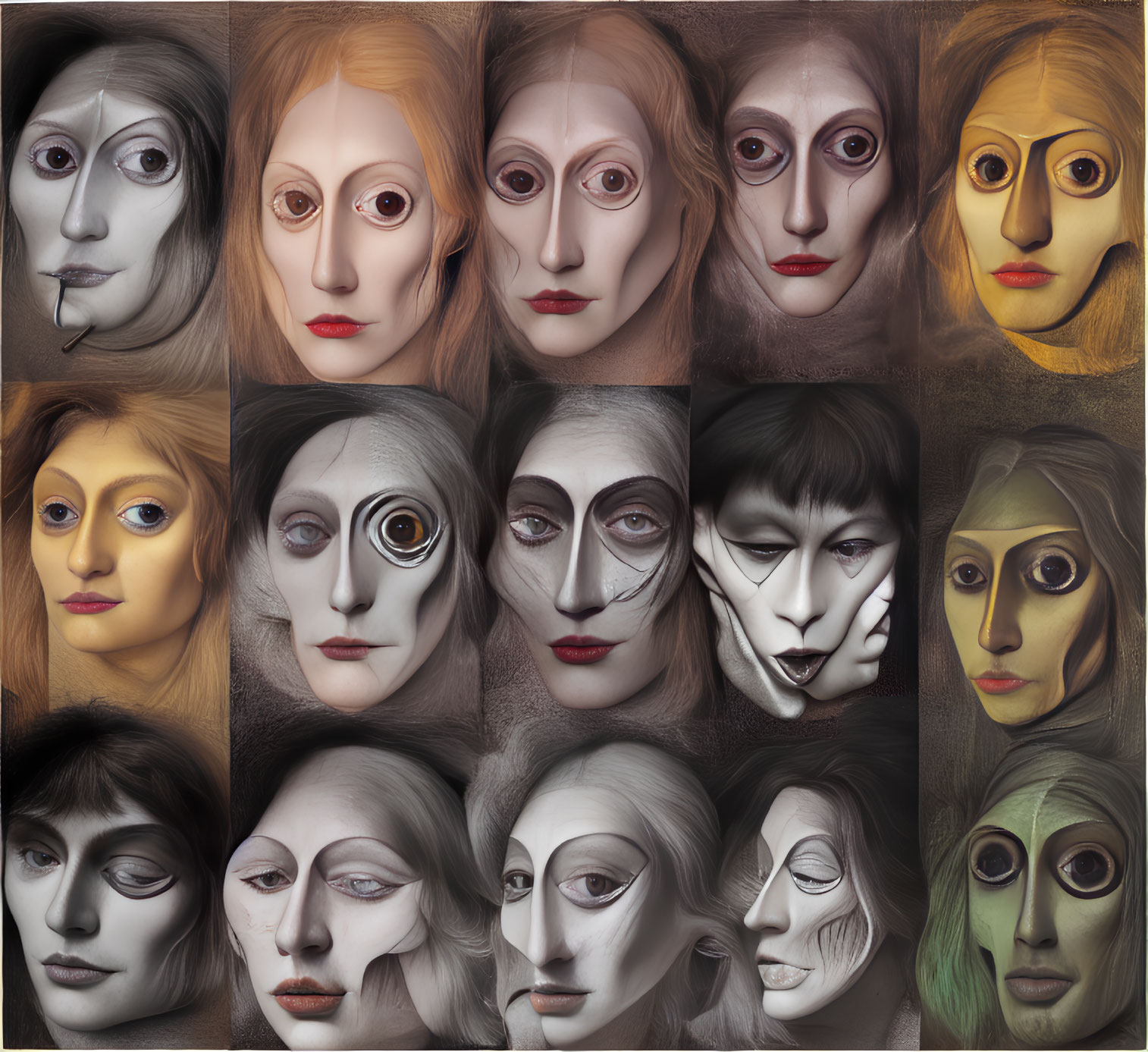 Grid of diverse portraits with theatrical mask-inspired makeup & dramatic lighting