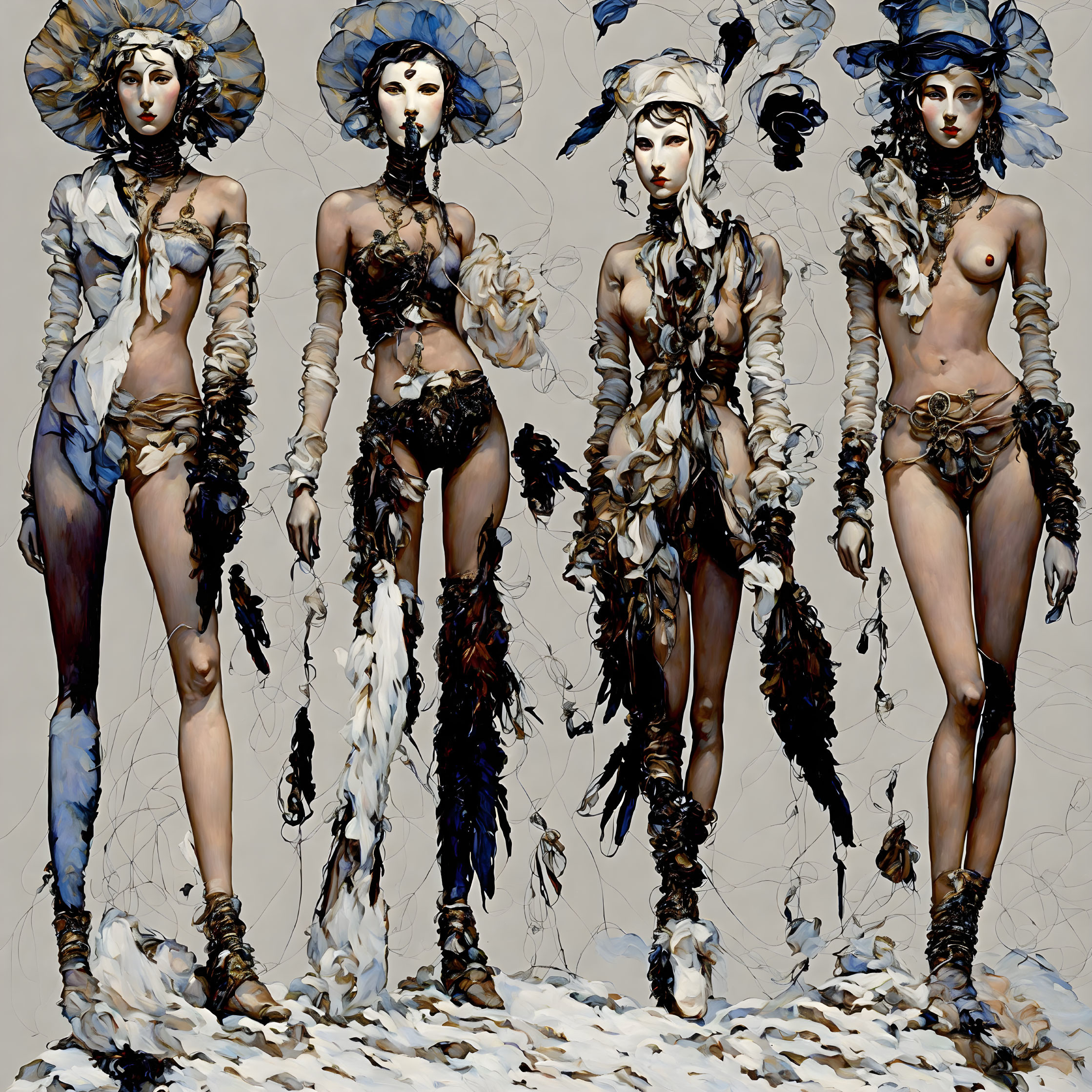 Stylized female figures in avant-garde outfits and headpieces on neutral backdrop