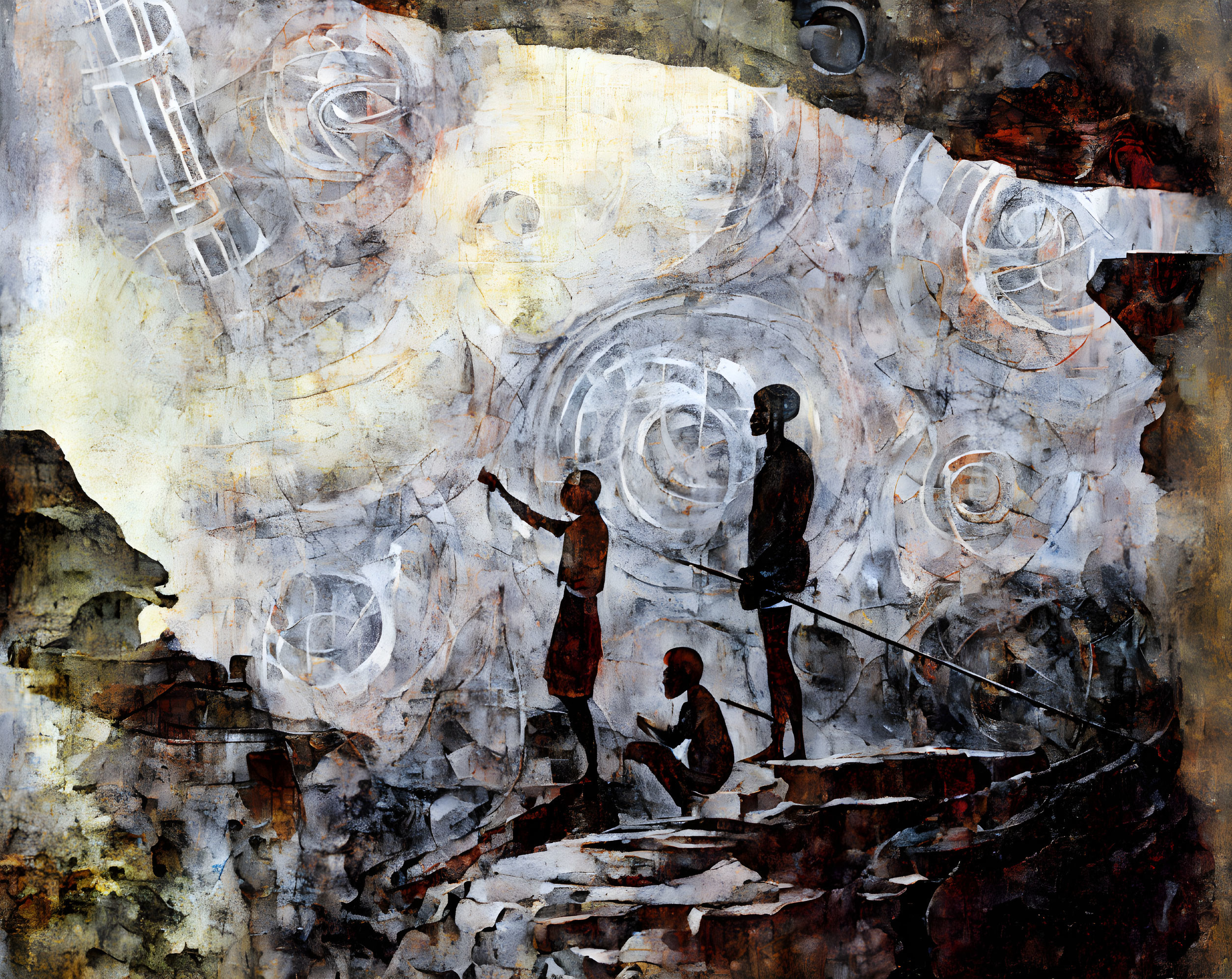 Abstract painting: Three silhouettes on rugged terrain with circular patterns