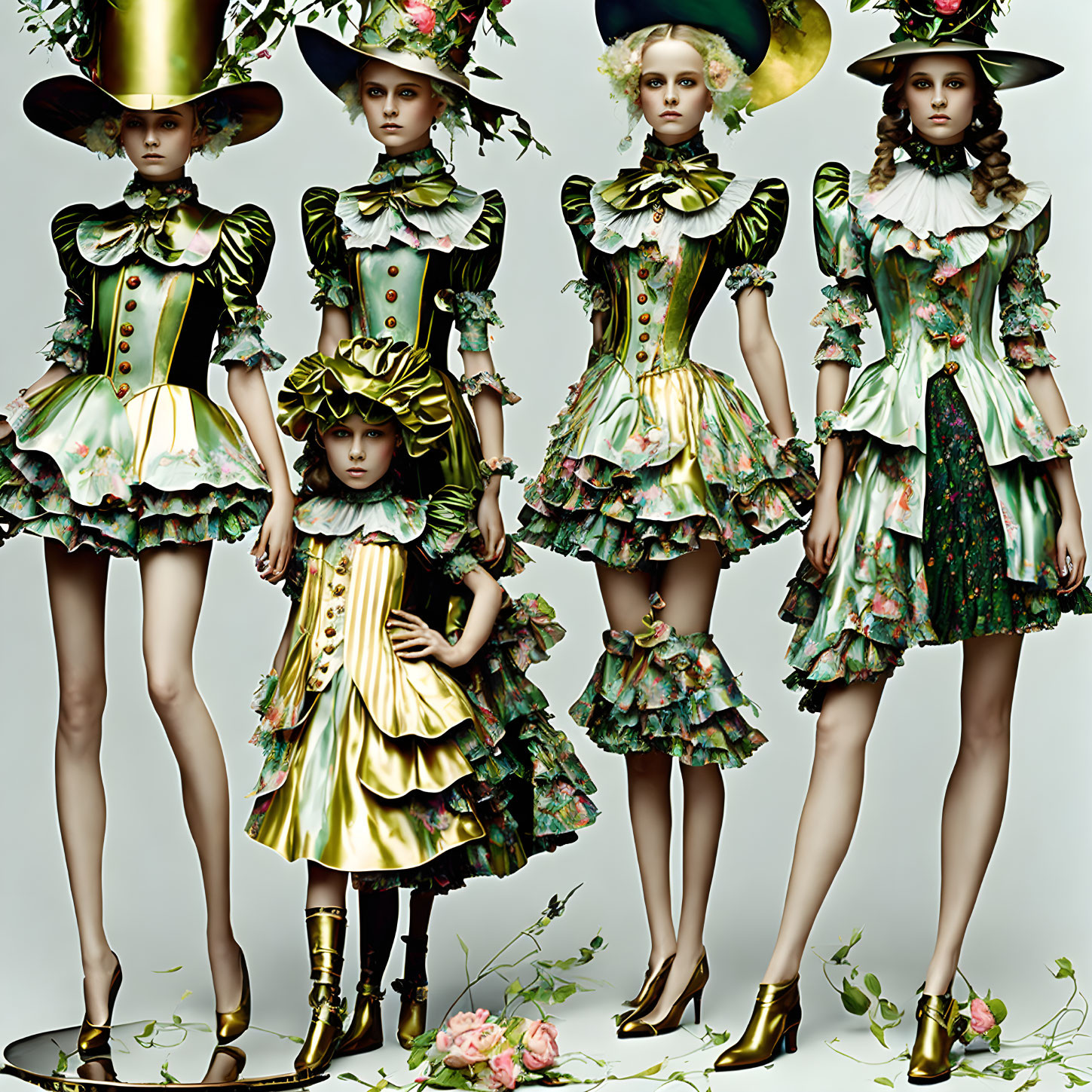 Avant-garde floral dresses and oversized hats on five models in baroque-inspired fashion shoot